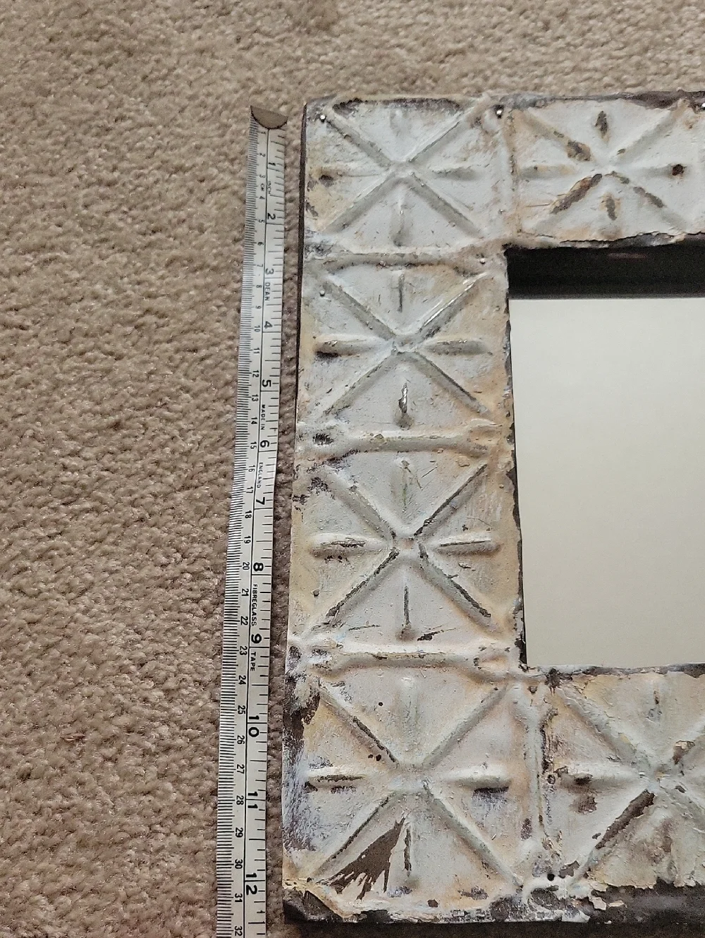 Distressed White Decorative Wall Mirror - Rustic Tile-Pattern Frame.